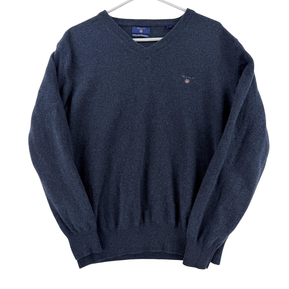 Vintage GANT Sweater Mens Large Blue Extra Fine Lambswool V‎ Neck Knit Pullover